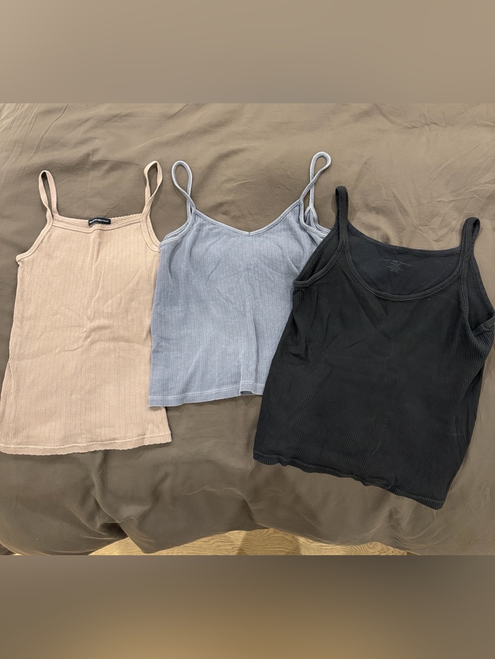 Brandy Melville Ribbed Strappy Tank Tops - Beige, Blue, Black (Set of 3)